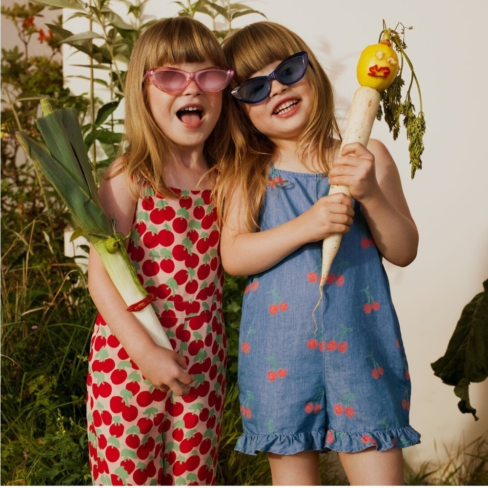 Stella McCartney Kids Cherry Printed Chambray Denim Romper Girls 8 Blue Ruffle